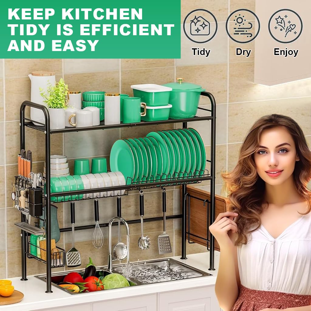 HASTHIP Over The Sink Dish Drying Rack 33.5x10x31.9 in with Double Layer Shelf | Stainless Steel Kitchen Organizer