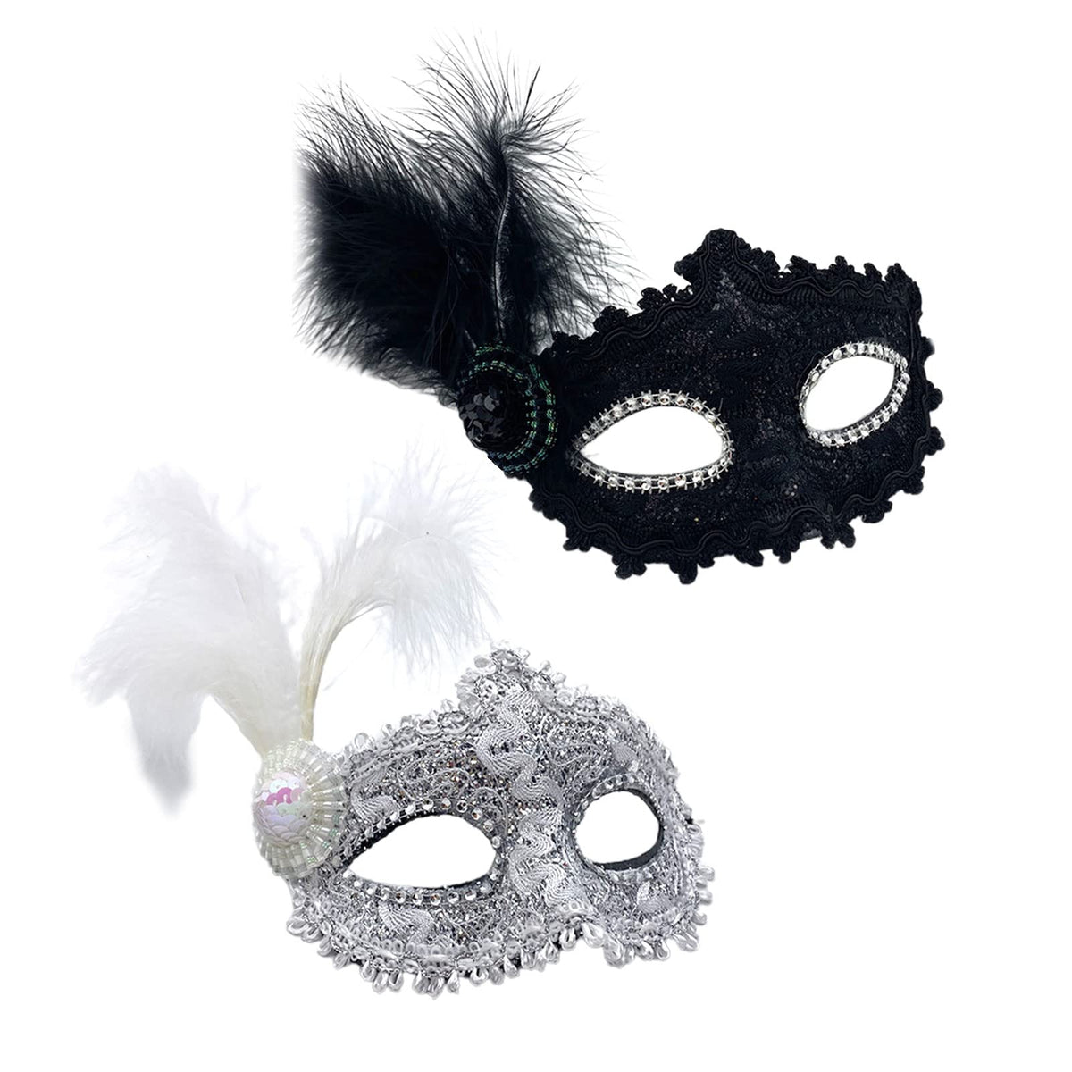 HASTHIP® 2 Piezas Máscaras Venecianas para Mujer con Plumas Elegantes,Antifaz de Baile de Carnaval y Fiesta Disfraces,Máscara Ojos Negra y Blanca con Cinta Ajustable