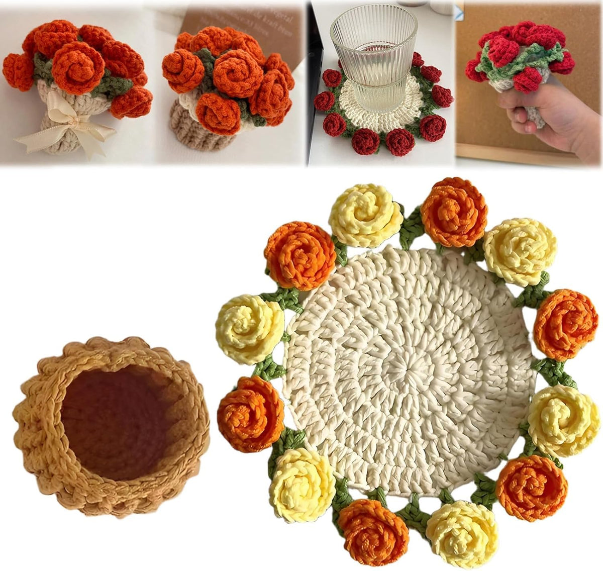 HASTHIP® Crochet Flower Pot Coaster, Finished Mini Hand-knit Rose Romantic Gift, Suitable for Girls and Moms, to be Given on Occasions such as Birthday, Anniversary, Valentine's Day, etc.-Orange