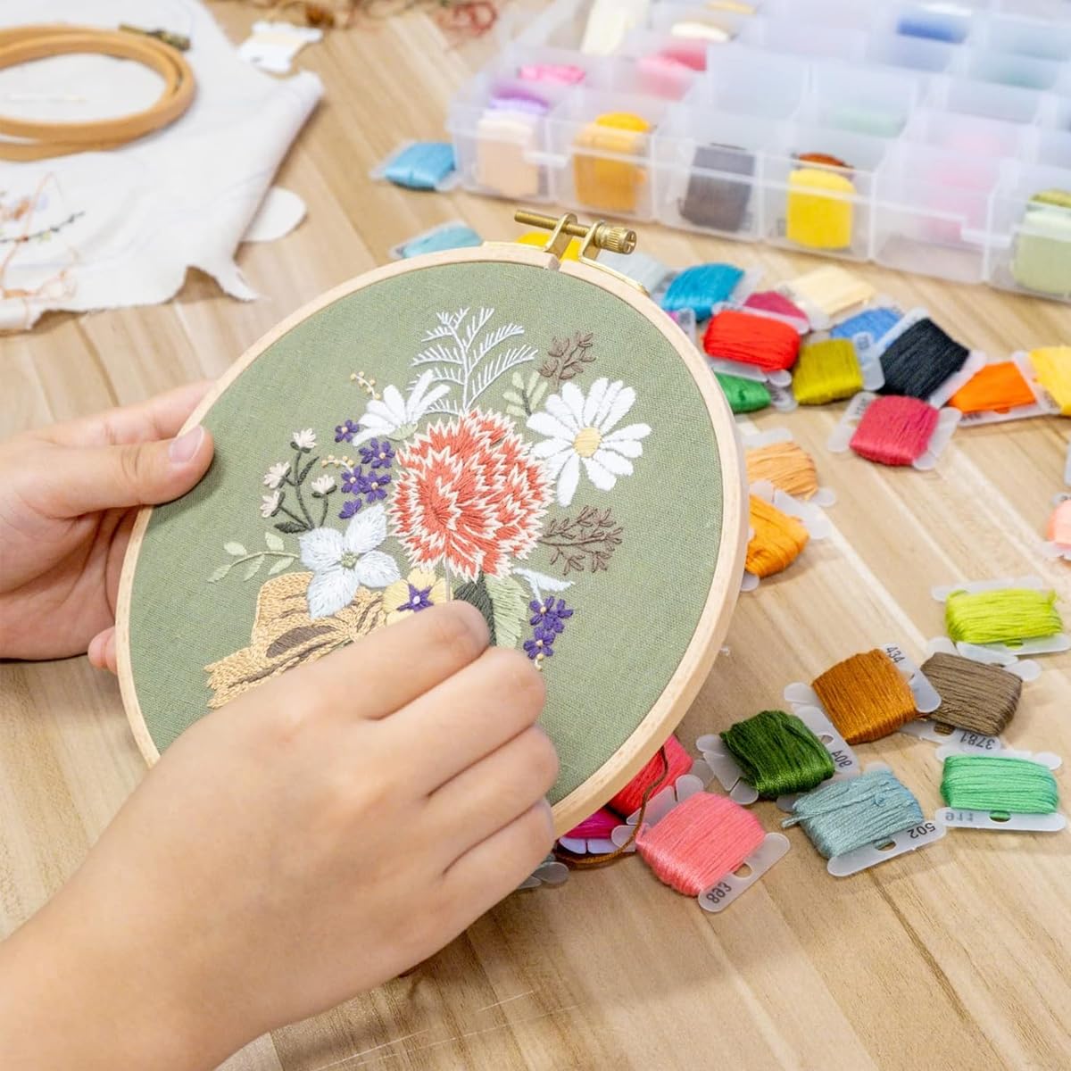 HASTHIP Embroidery Floss Organizer Kit for Cross Stitch with 24 Compartments and Bobbin Winder | Includes 120 Plastic Bobbins and Color Number Stickers