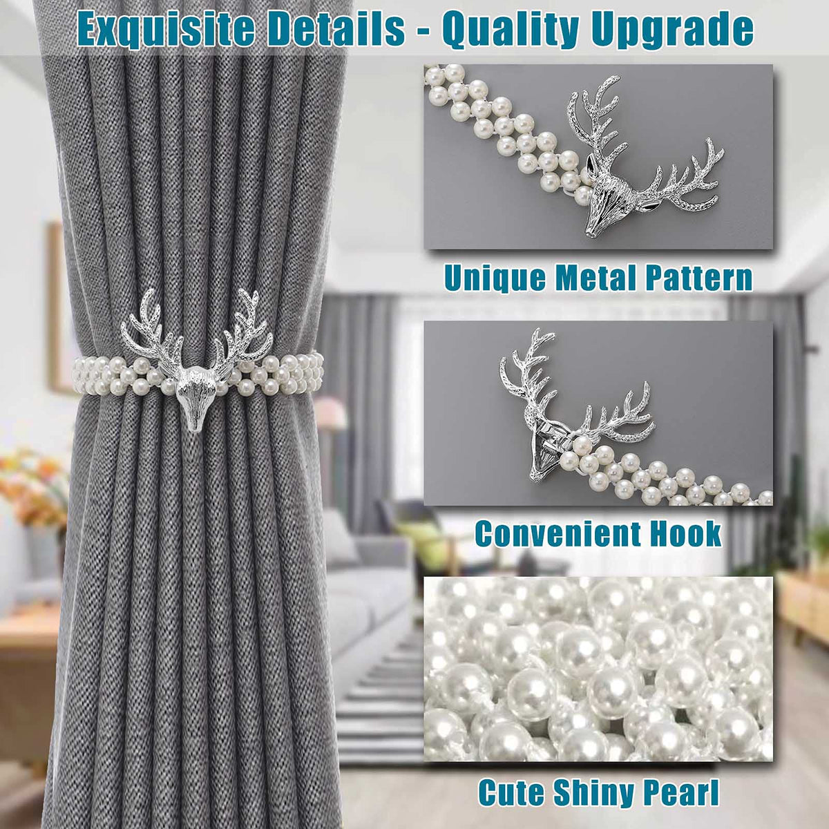 HASTHIP Curtain Holders Tieback for Home and Office with Elastic Rope and Pearl Design | 4 PCS Gold Set