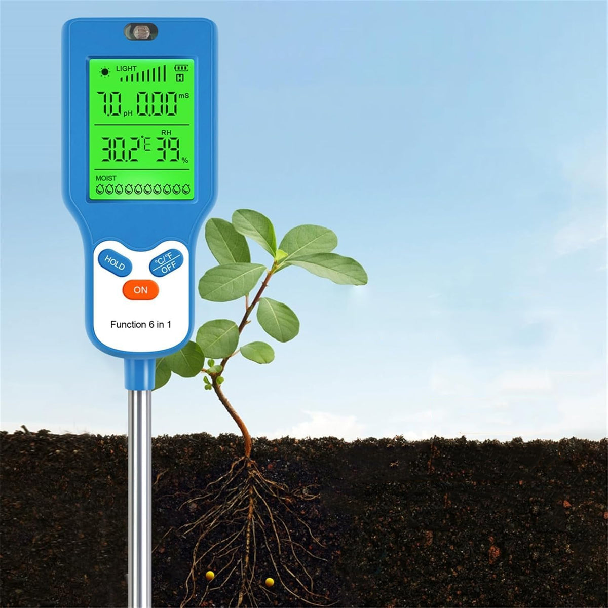 HASTHIP® 6-in-1 Digital Soil Tester with pH Meter, Moisture Sensor, Sunlight, Temperature, Humidity & Fertility Reader, Rotating Backlight LCD Display, Soil Test Kit for Gardening, Farming, Plant Care