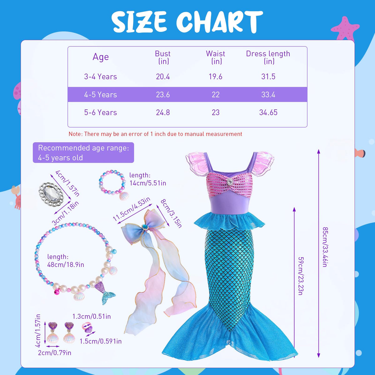 HASTHIP® Mermaid Dress for Girls - Little Mermaid Costume for Girls with Bag Princess Dresses for Girls Gift Birthday Party