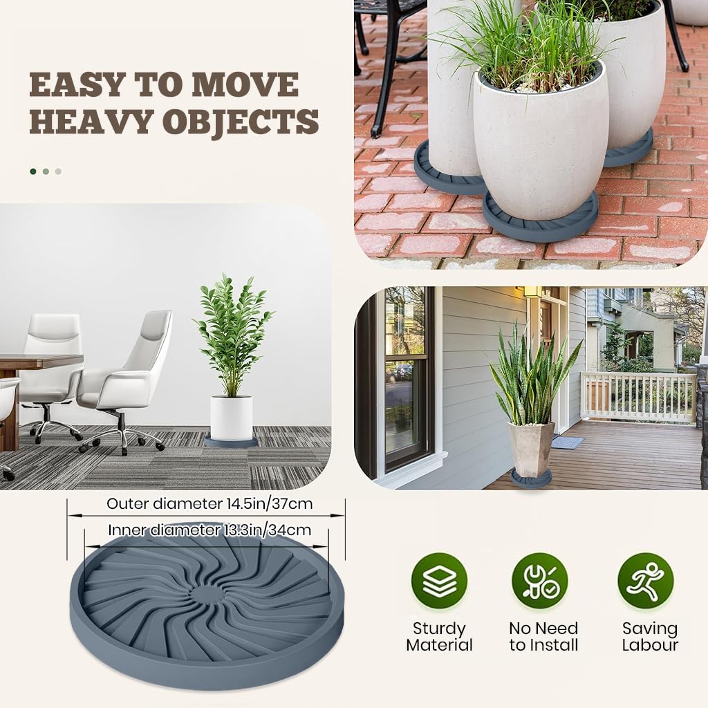 HASTHIP Plant Pot Stand for Indoor & Outdoor Use with 360° Wheels and Spiral Ridged Tray | 37 cm Grey PP Caddy