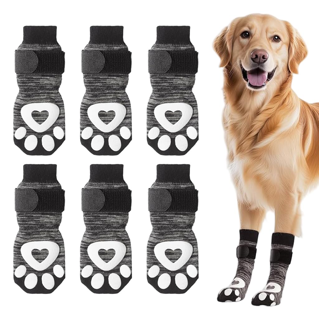 HASTHIP® Qpets 6Pcs Dog Socks Anti-Slip Dog Socks with Hook and Loop ClosureWinter Breathable Cotton Paw Socks Indoor Walking Socks Floor Guards, Size L