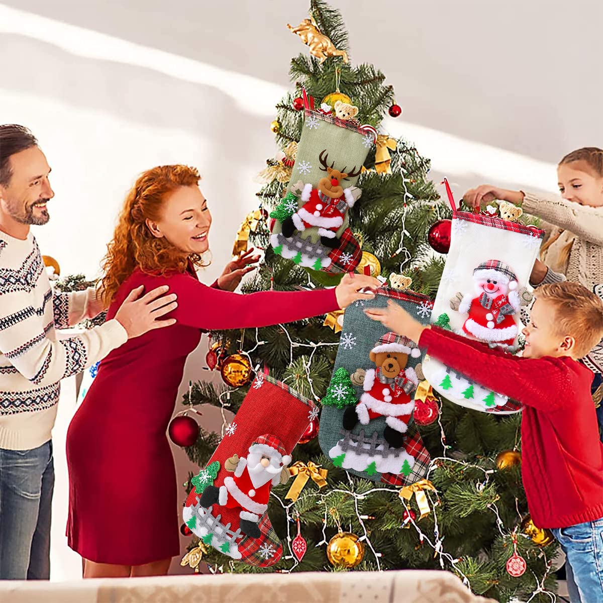 HASTHIP Set of 4 Christmas Decorations Stocking, 10 inch Linen Christmas Gift Stocking, Hanging Christmas Stockings Set Christmas Stocking Christmas Stocking for Window, Christmas Socks