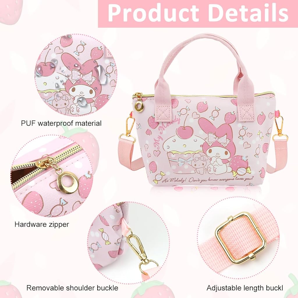 HASTHIP® Melody Hand Bag Kawaii Sanrio Small Tote Bag for Girls Pink Melody Shoulder Small PU Tote with Removable Shoulder Strap Crossbody Christmas Gift for Girls Birdthday Gift,16x7x22cm