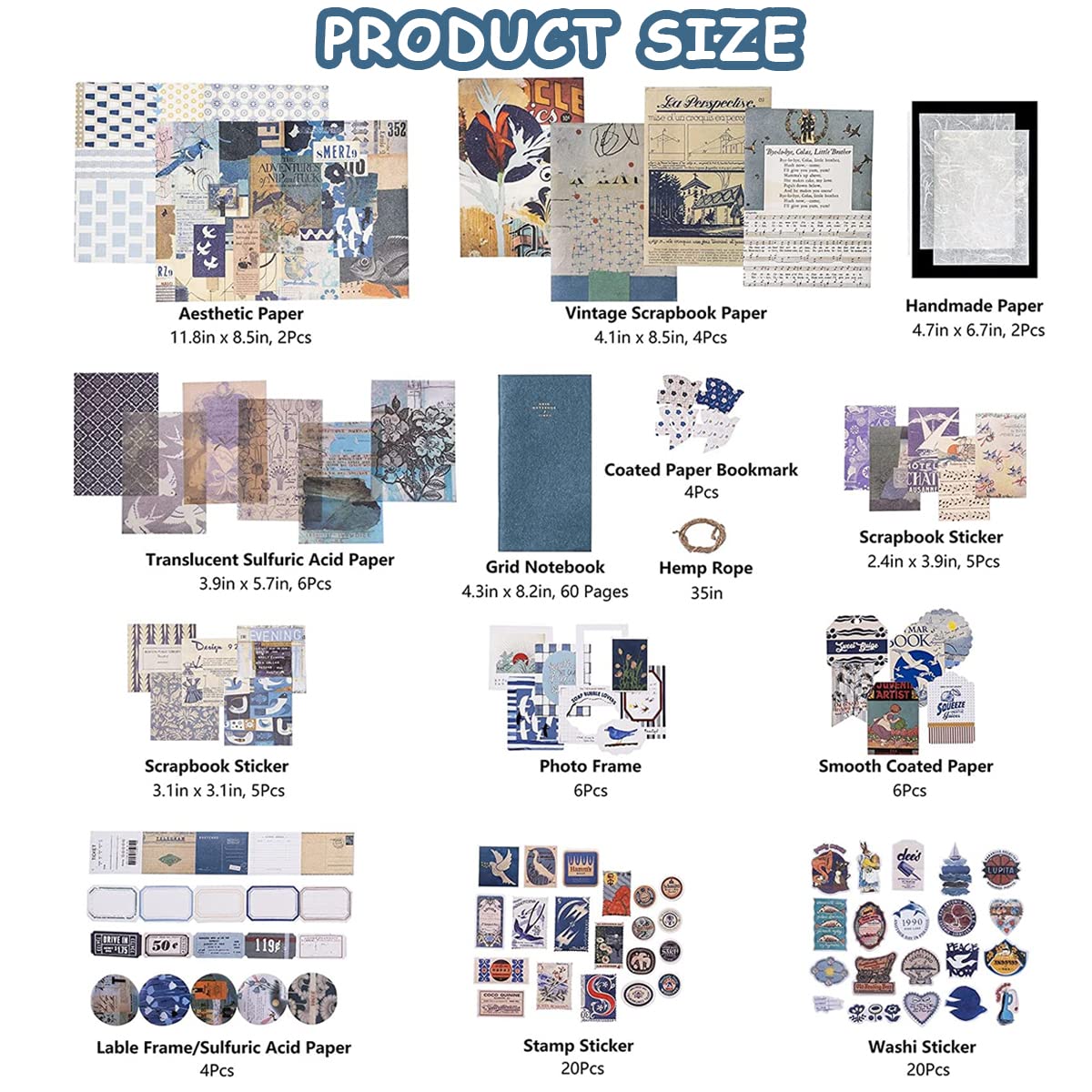 HASTHIP Paper Scrapbook Stickers Kit for Journaling and Scrapbooking with 3 PCS 5cm Blue Retro Papers | Includes 20 Stamp and 20 Washi Stickers