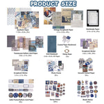 HASTHIP Paper Scrapbook Stickers Kit for Journaling and Scrapbooking with 3 PCS 5cm Blue Retro Papers | Includes 20 Stamp and 20 Washi Stickers