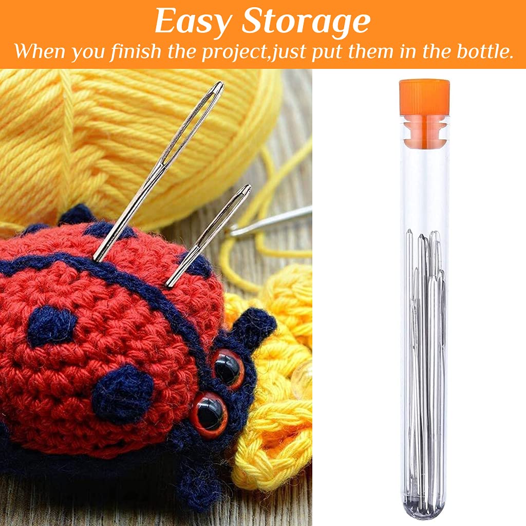 HASTHIP Wool Knitting Needle Set for Crochet Projects with Clear Bottle | 15pcs Stainless Steel Big Eye Needles in 5.2–7 cm Sizes