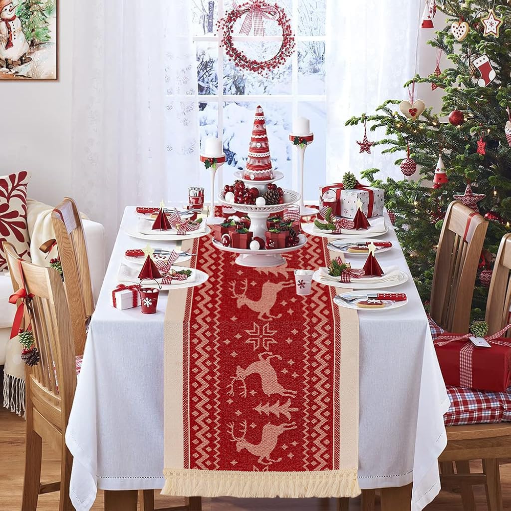 HASTHIP Christmas Table Runner for Holiday Dining with Tassel Edges 13.7x70.8 in Cotton Linen | Festive Red Elk and Snowflake Design