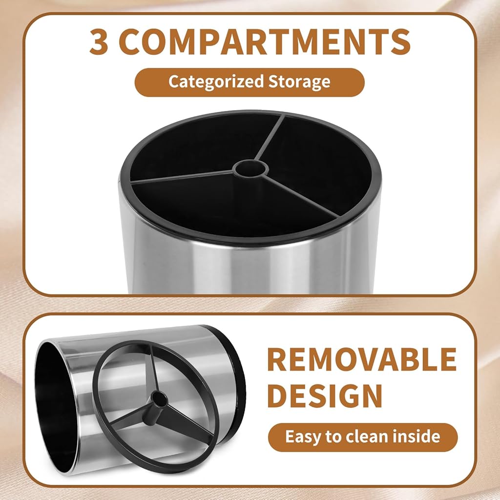 HASTHIP® Utensil Holder 360°Rotating Kitchen Cutlery Holder 3-Compartment Stainless Steel Utensil Holder Countertop Utensil Holder Kitchen Organizer Dinning Table Utensil Holder