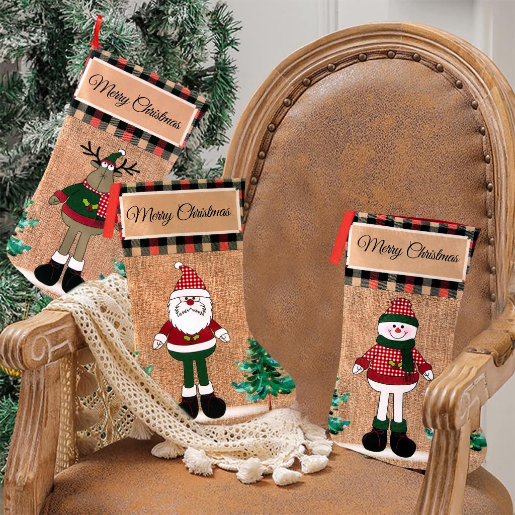 HASTHIP Christmas Stockings 3pcs 16 inch Linen Set for Fireplace and Tree | Elk Snowman Santa Design