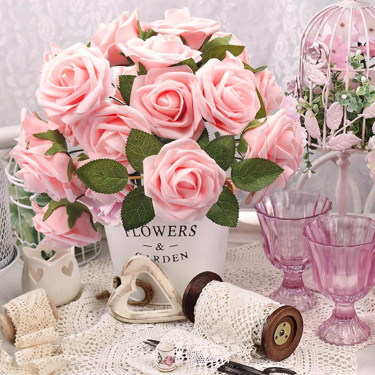 HASTHIP Artificial Roses Box Set for Wedding Bouquets and Home Décor | 25pcs Foam Pink Flowers with Stems