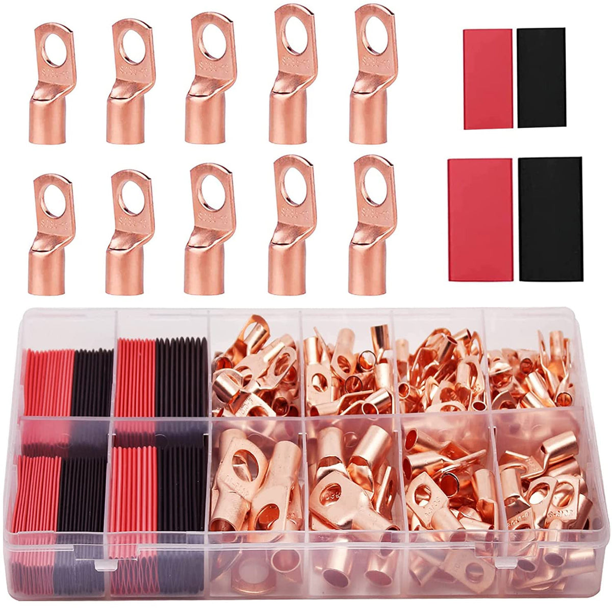 HASTHIP® 100Pcs Terminales de Cable de Cobre AWG 6 8 10 12 con Tubos Termorretráctiles,50 Conectores Batería y Terminales Anillo Alta Conductividad para Automóviles,Barcos y Paneles
