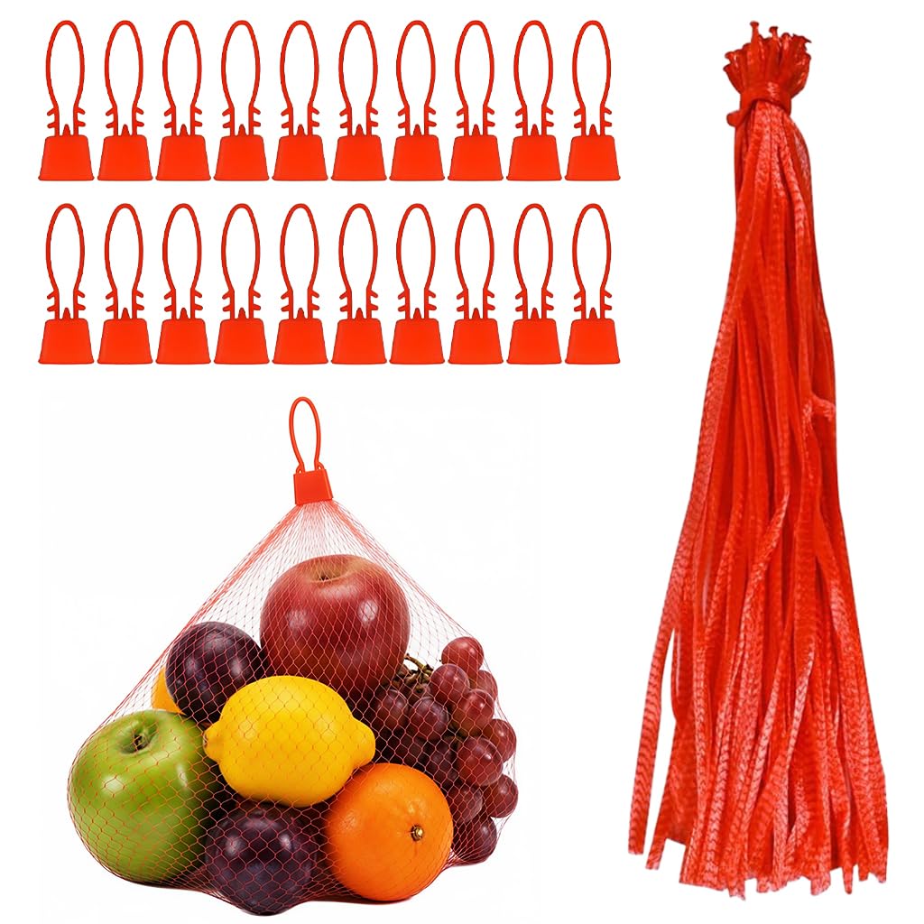HASTHIP® 100 Pcs Reusable Mesh Produce Bags 60cm Washable Net Grocery Storage Bags with Plastic Buckle for Fruits Vegetables Seafood Laundry & Travel – Red