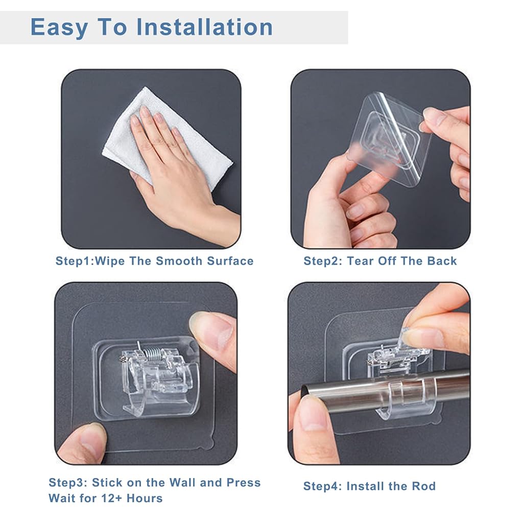 HASTHIP® 6 Pack Curtain Rod Brackets No Drill Adhesive Supports, Clear Acrylic Snap Closure Pole Holders for Window, Kitchen, Bathroom, Living Room