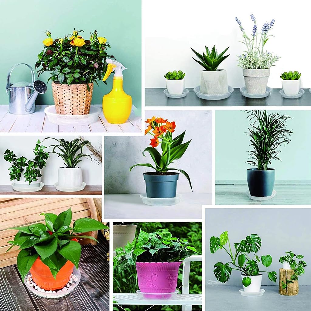 HASTHIP Plant Pot Saucers for Indoor and Outdoor Use with Drainage Grooves 12pcs 9.8 in | Clear Plastic Trays to Prevent Water Spillage