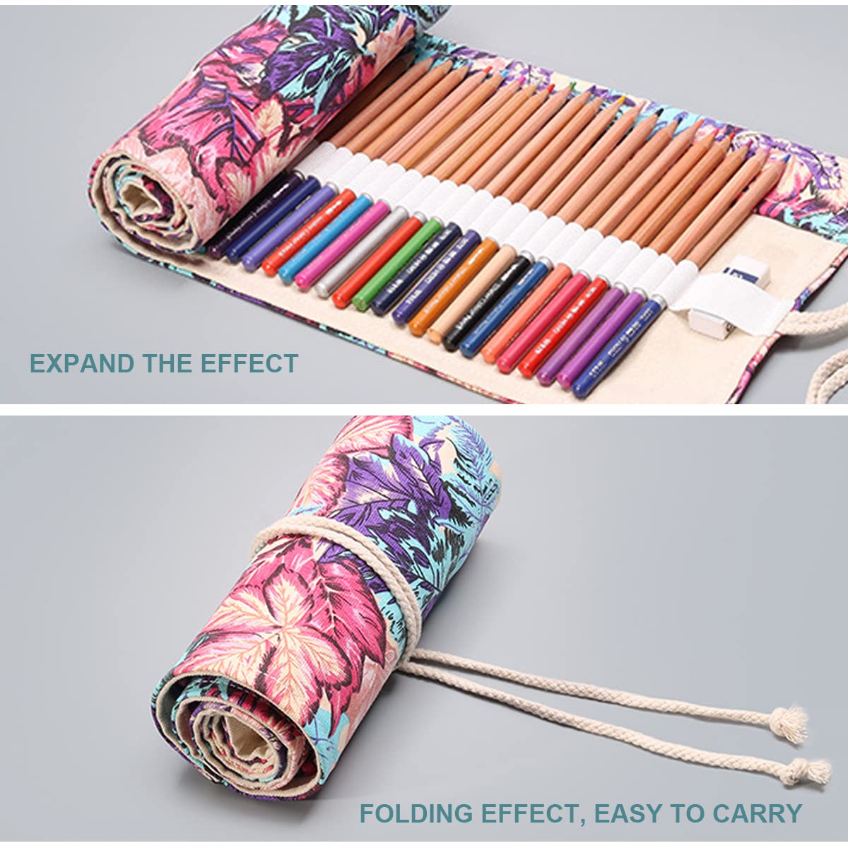 HASTHIP Pencil Wrap Case for Sketching and Journaling with 72 Slots Canvas Design | Maple Leaves and Pink Floral Combo for Artists and Students