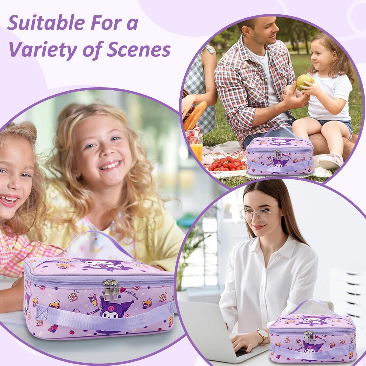 HASTHIP Cotton Insulated Bento Box Lunch Bag 11.4x8.3x3.9 in with Dual Handles | Purple for Kids and Adults