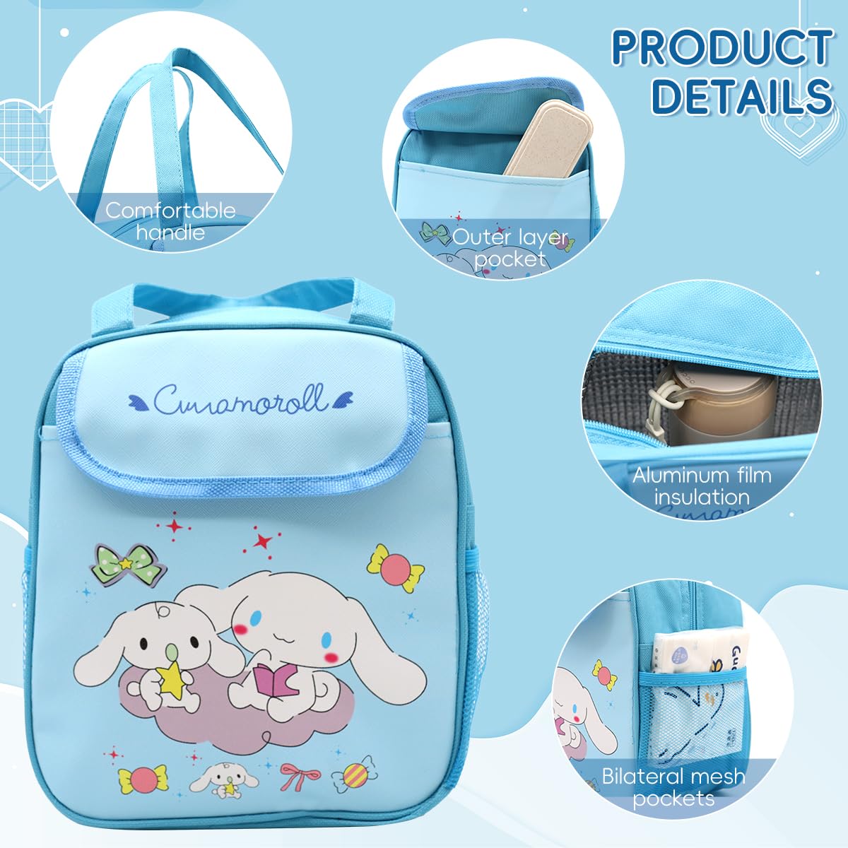 HASTHIP Lunch Bags for Kids featuring Cinnamoroll Cartoon Print 20x13.5x23cm | 2PCS Set