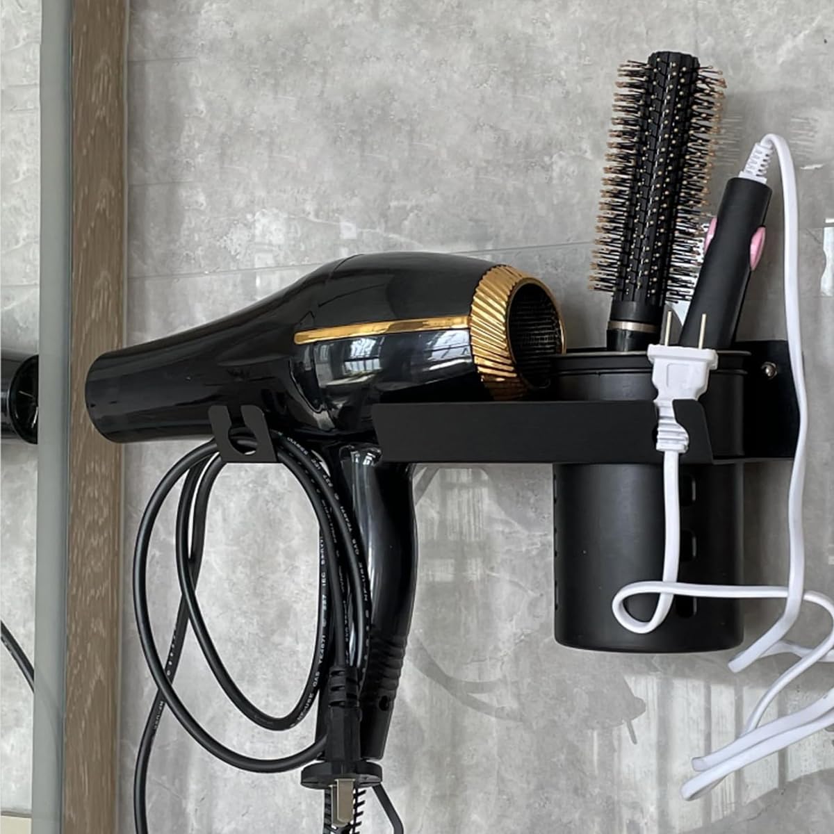 HASTHIP Hair Dryer Stand for Bathroom and Salon with 3 in 1 Organizer | Carbon Steel Wall Mount