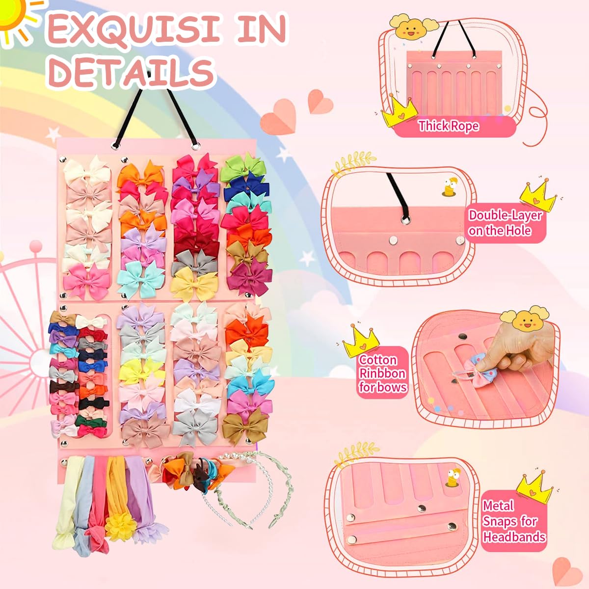 HASTHIP Hair Bows Holder for Girls featuring 16 Ribbons & 2 Carabiners | Soft Felt Wall Organizer