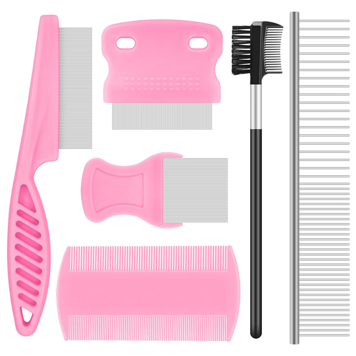 HASTHIP® 6 PCS Flea Comb for Dogs and Cats, Stainless Steel Dog Cat Grooming Combs, Fine & Wide Tooth Lice Comb, Tick Removal Tool, Tear Stain Remover, Dematting Brush, for Small, Medium Pets, Pink
