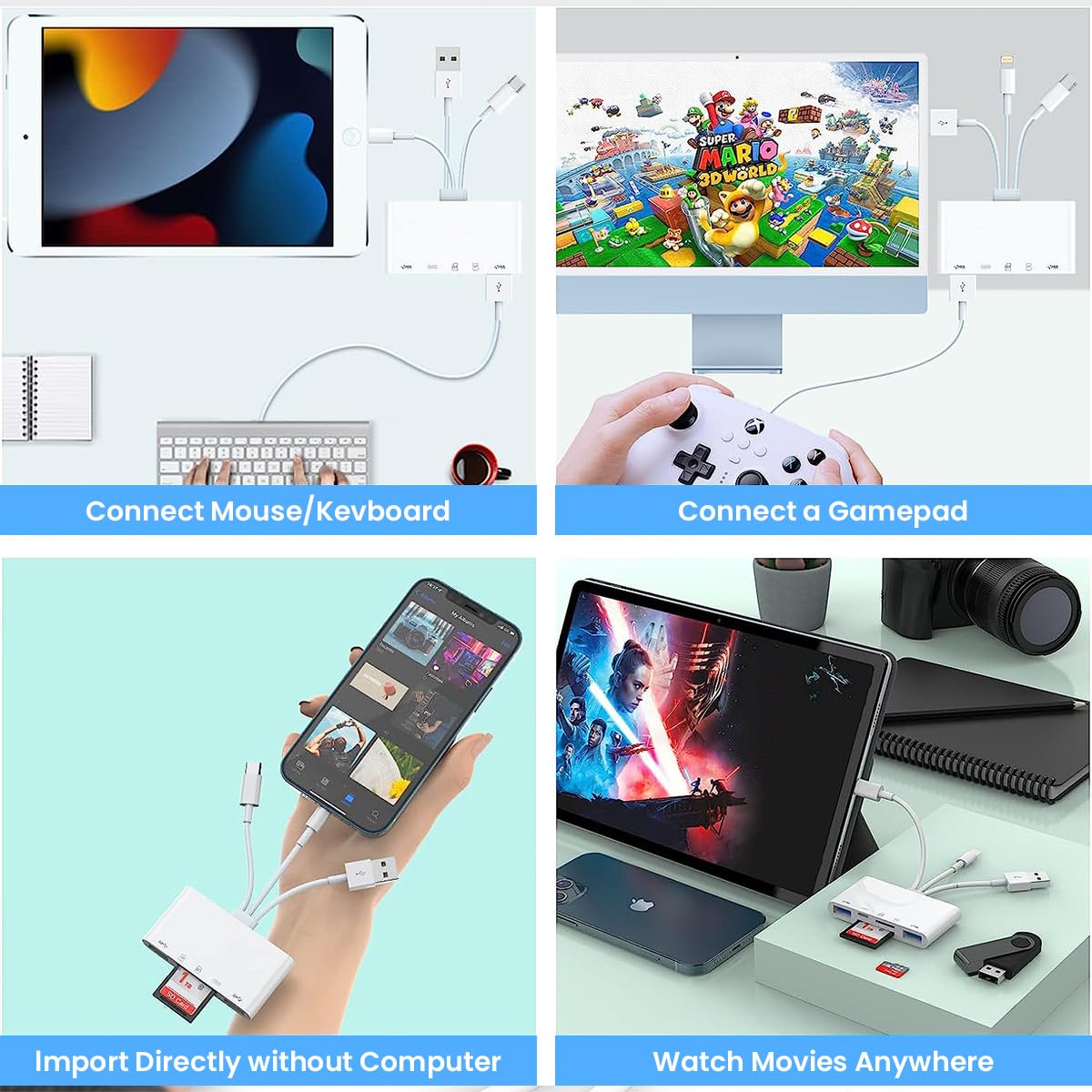 Card Reader 5 in 1 SD Card Reader Micro SD Card Reader with Light-ning Port and 2 USB3.0 Ports Memory Card Reader Support Charging and High Speed Transfer for iPhone, iPad, PC, Laptop