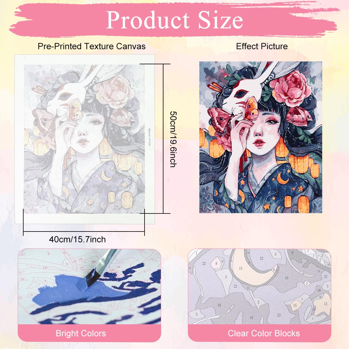 HASTHIP Paint by Number Kit for Japanese Courtesan Art with Acrylic Paints 15.7x20 in Canvas | Ideal DIY Gift and Wall Decor