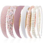 HASTHIP® 7 Pcs Diademas para Mujer y Niñas,Bandas de Cabeza Elásticas Rosa con Flores y Perlas,Accesorios de Moda Antideslizantes Cómodas Ajustables Regalo Ideal para Amigos Familia