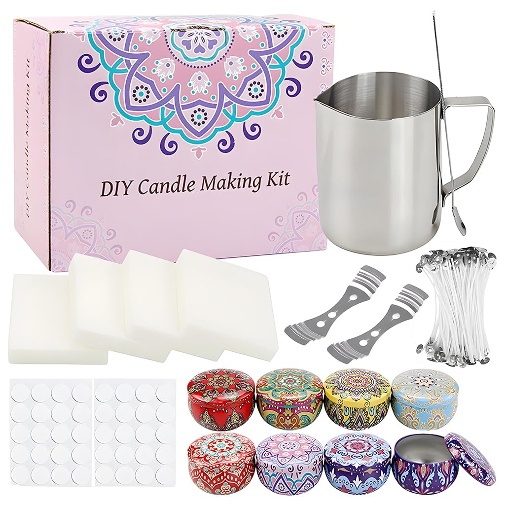 HASTHIP DIY Jar Candle Making Kit for Beginners featuring 8 Mandala Print Tin Jars 2.2 oz | Natural Soy Wax with Wicks and Stainless Steel Jug