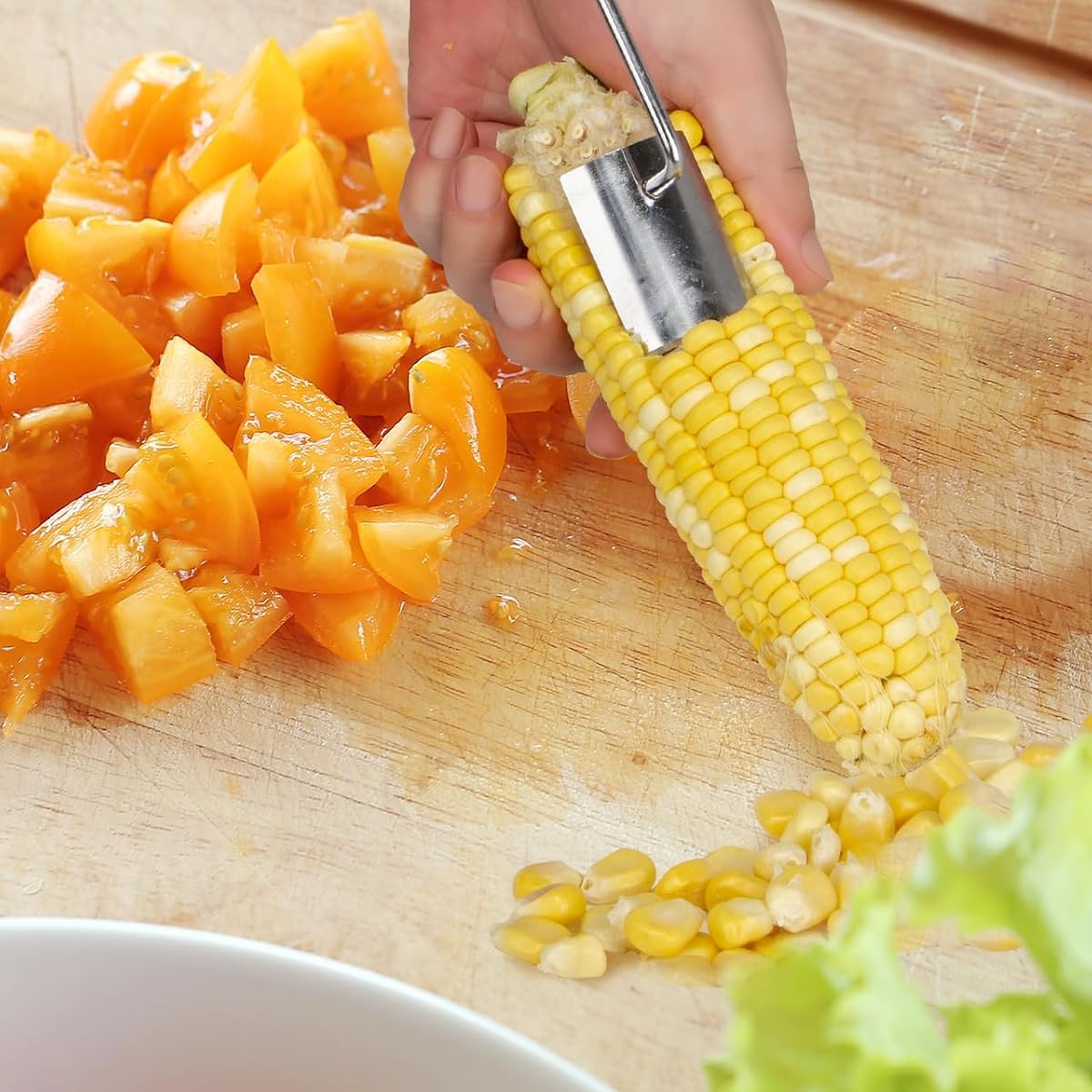 HASTHIP® Kitchen Corn Peeler Kernels Stripper Stainless Steel Corn Peeler Anti-Slip Long Handle Corn Peeler Quick Corn Stripper Remover Kitchen Corn Peeler for Salad, Corn Juice