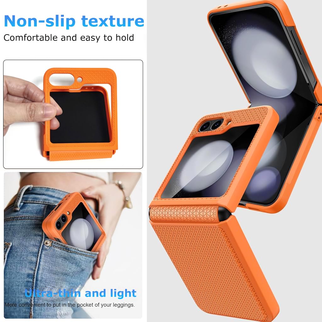 HASTHIP® Brand Case for Samsung Galaxy Z Flip 6, One-Piece Retractable Hinge Cover with Cut-Out Outer Display, Shockproof Anti-Slip Protective Fashion Phone Case, Orange