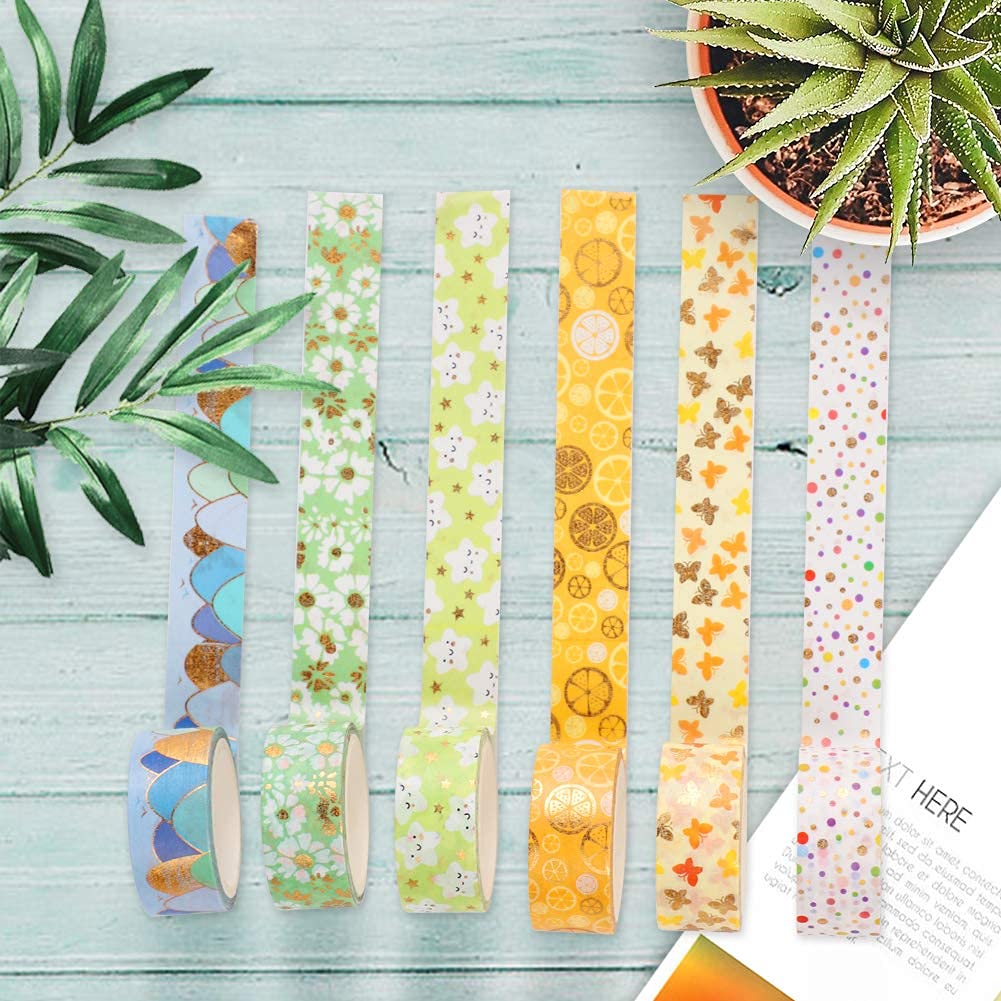 HASTHIP Decorative Masking Tape for Scrapbooking and Gift Wrapping 12 Rolls 15mm | Gold Foil Flower Washi in Yellow