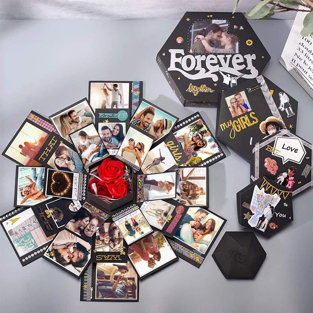 HASTHIP DIY Photo Album Gift Box for Creative Memory Sharing with Hexagon Blooming Design | Includes Tapes Templates and Photo Corner Stickers