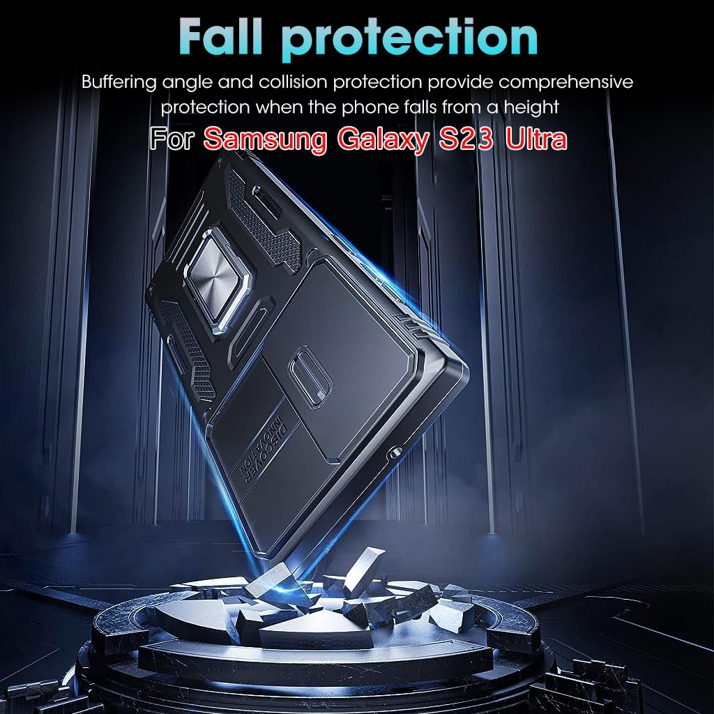 HASTHIP® Galaxy S23 Ultra Case - Black, Slim & Durable Design with Integrated Ring Holder, Sliding Camera Lens Cover, 360° Rotatable Kickstand, Shock Absorption, PC TPU Metal, Anti-Slip