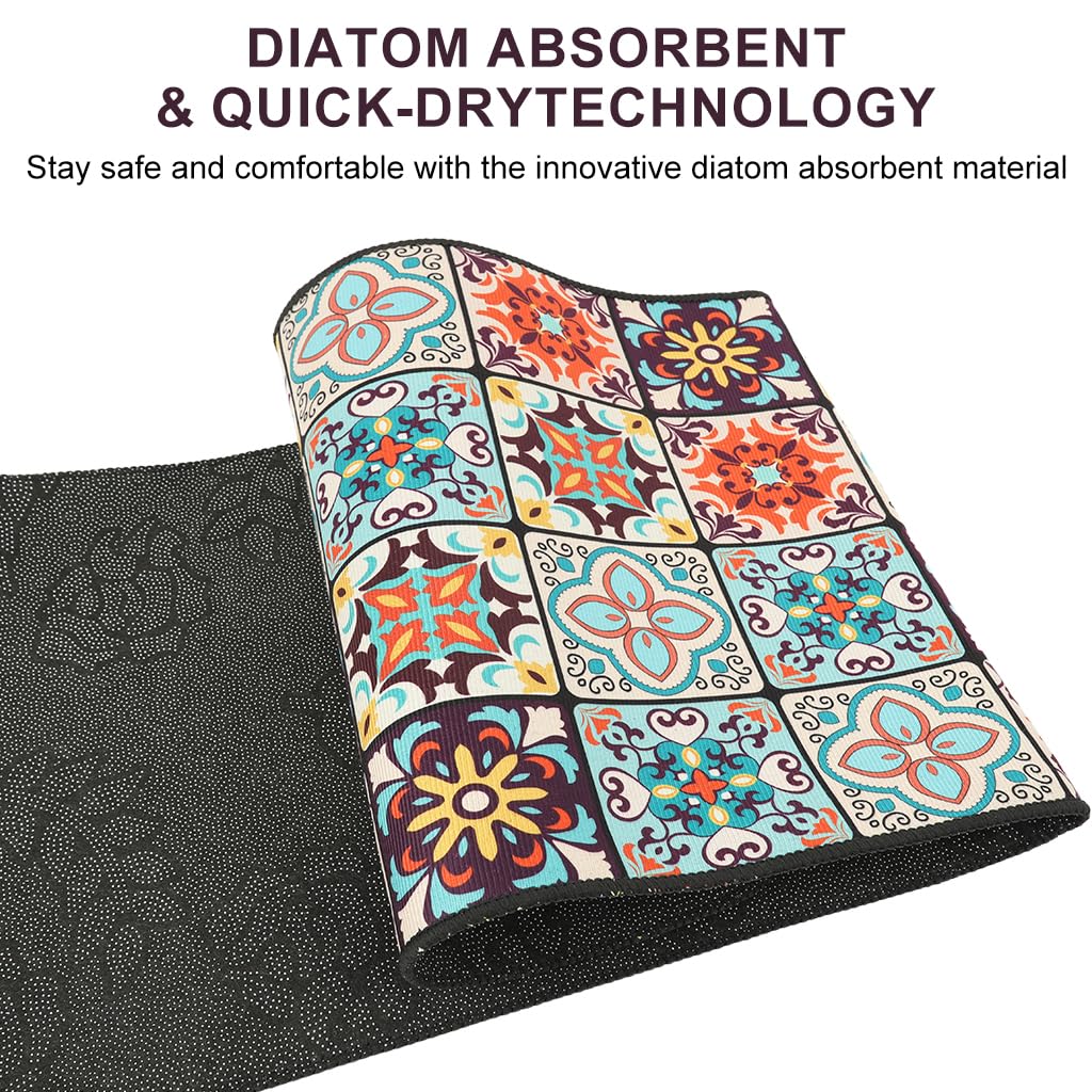 HASTHIP® 2 Pcs Kitchen Comfort Rugs Anti-Fatigue Floor Mat for Kitchen, Diatom Absorbent Standing Mat Soft & Quick-Dry, Retro Floral Mat for Kitchen, Entry, Bathroom, 120x40cm & 40x60cm