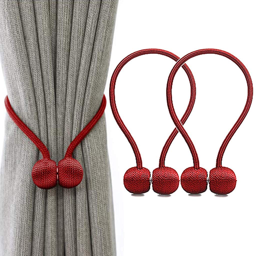 HASTHIP Magnetic Curtain Tiebacks for Home and Office featuring Strong Nickel Magnets | 16in Rope Pack of 2 Red