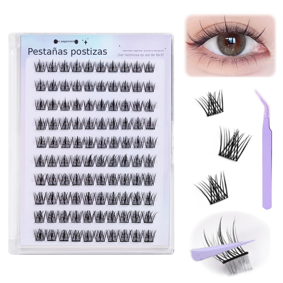 HASTHIP® 120Pcs Pestañas Autoadhesivas en Racimos 11-13mm, Extensiones de Pestañas Pre Pegadas con Pinza, Pestañas Reutilizables sin Pegamento, Clusters Naturales y Voluminosos para