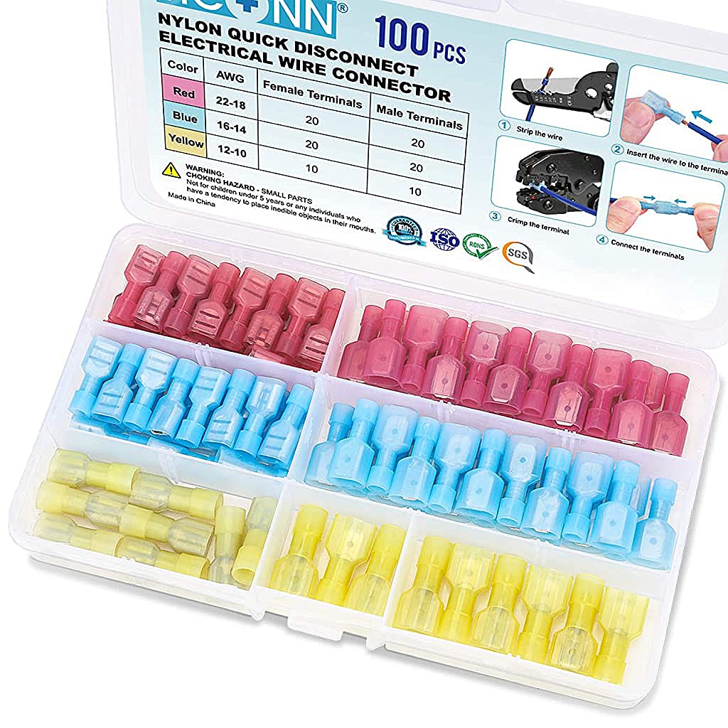 HASTHIP Wire Connection Terminal Kit for Automotive and Home Use featuring 100Pcs AWG 10‑22 Assortment | Insulated Brass Spade and Butt Connectors