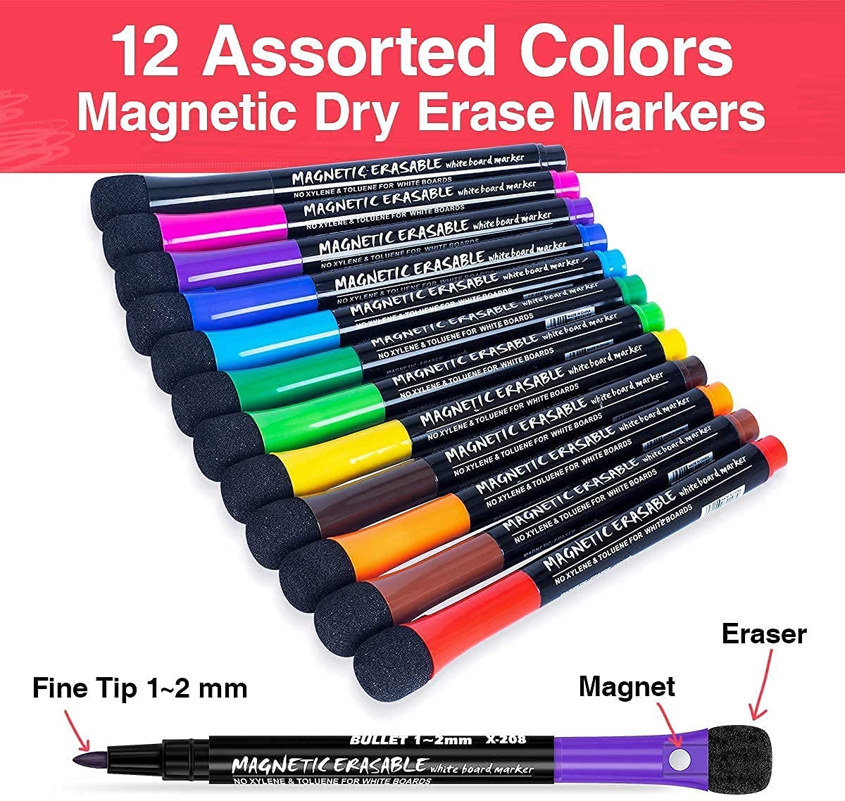 HASTHIP Dry Erase Markers Fine Tip for Office and School Whiteboards | 12 Count Set