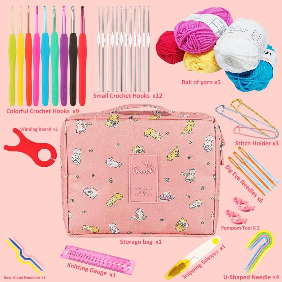HASTHIP Crochet Hook Set for DIY Crafts with 9 Sizes and Soft Rubber Handles | Storage Bag