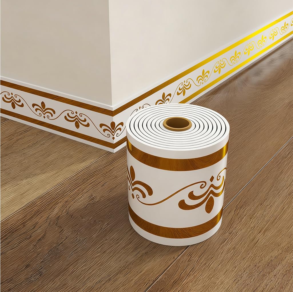 HASTHIP® Peel and Stick Wallpaper Border, 3.93in x 196.8in Self-Adhesive PVC Foam Skirting Line, Waterproof Wall Base Trim for Kitchen, Living Room, Bedroom, and Bathroom - Gold