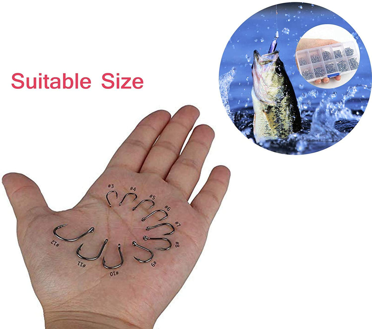 Proberos 500pcs High Carbon Steel Fishing Hooks with Plastic Box, 10 Sizes Fish Hook with Barbs for Freshwater/Seawater, 3# - 12#(50pcs/ Size)