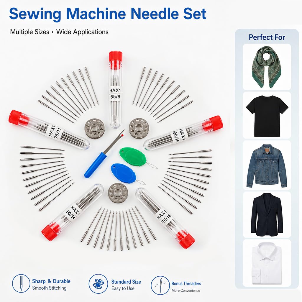 HASTHIP 50-Piece Sewing Machine Needle Set with Bobbins, Tools and Five Sizes for Household Machines