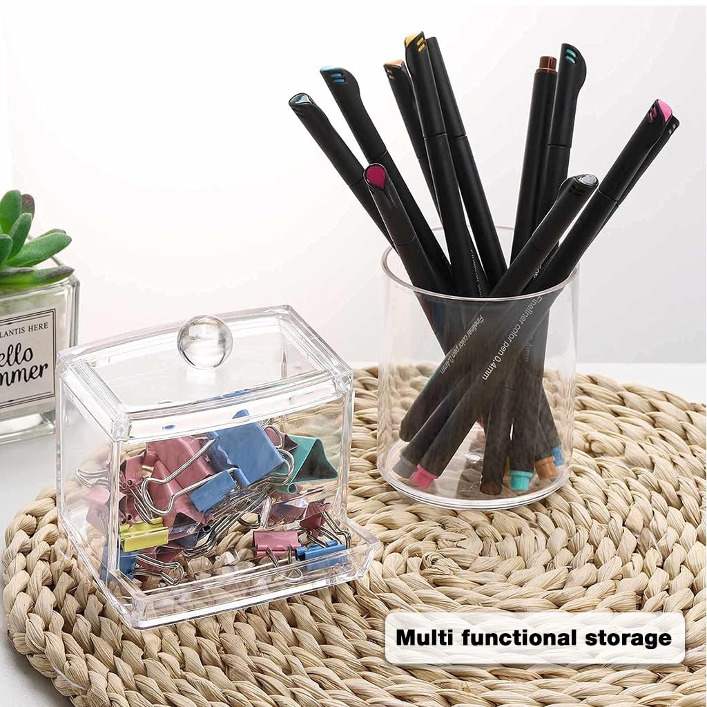 HASTHIP Makeup Cotton Storage Box for Vanity and Bathroom with Lids and Bottom Slot | 3Pcs Clear Acrylic Organizer Set
