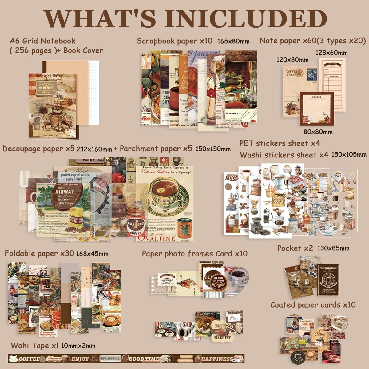 346Pcs Vintage Journal Kit, Journaling Kit Journal Stickers Journal Supplies, Scrapbook Stickers Pack for Art Journaling Bullet Junk Journal Planners, DIY Decoration Paper Craft Kits (Coffee)