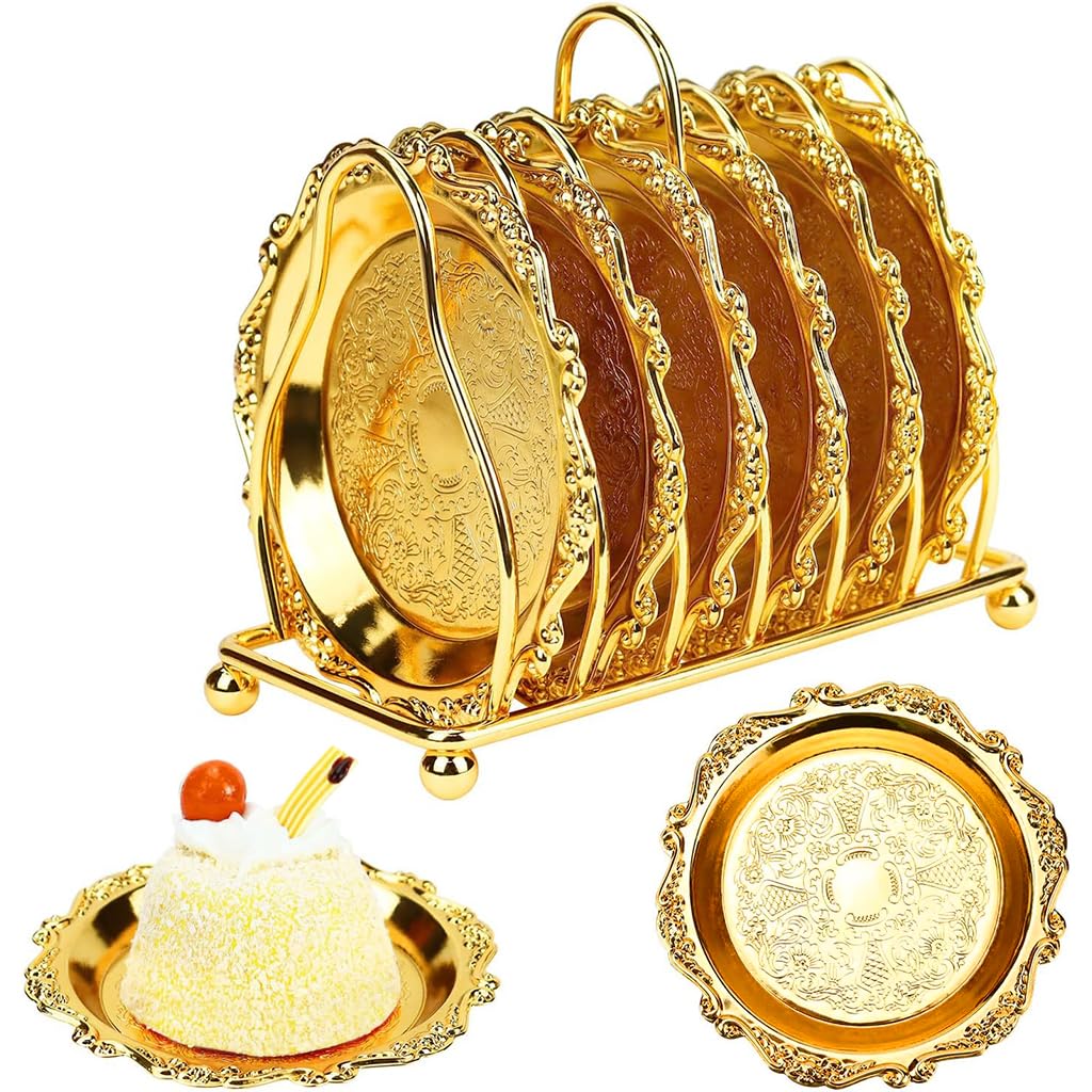HASTHIP® Set of 6 Small Dessert Plates 3.9 inches Golden Dessert Plates with Golden Metal Stand Luxury Golden Embossing Dessert Plates for Party, Banquet, Birthday, Festivals