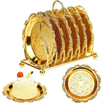 HASTHIP® Set of 6 Small Dessert Plates 3.9 inches Golden Dessert Plates with Golden Metal Stand Luxury Golden Embossing Dessert Plates for Party, Banquet, Birthday, Festivals